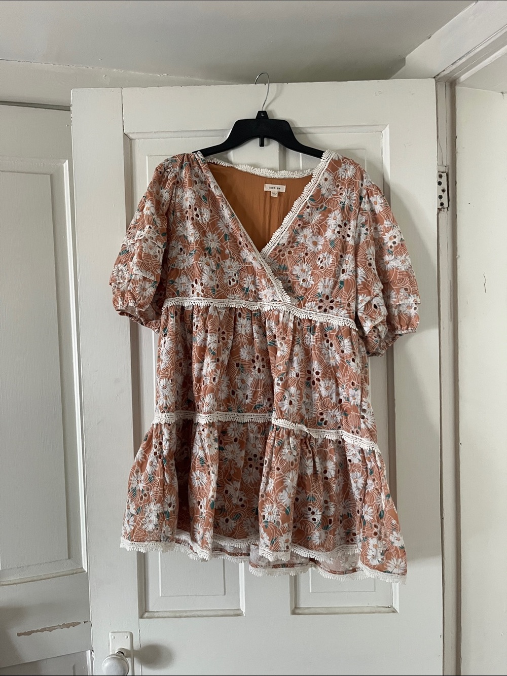 Women’s Floral Eyelet Tiered Peasant dress - mustard yellow